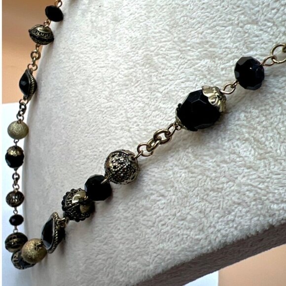 Vintage-Inspired Long Gold & Black Beaded Necklace.  C12 - Picture 4 of 10